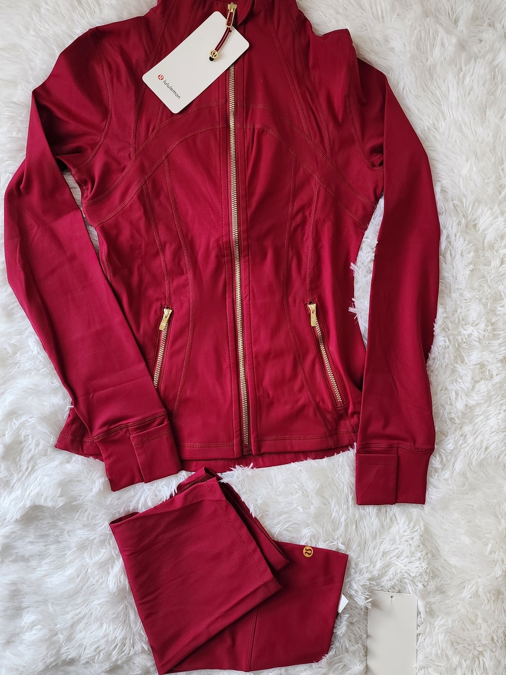 lululemon athletica Women's Burgundy Zip Jacket and Leggings with Gold Zippers
